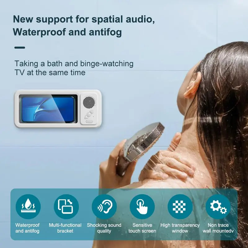 Shower Phone Holder with Bluetooth Speaker IPX4 Waterproof Anti-Fog Touch Screen Wall Mount Phone Holder for Shower Bathroom