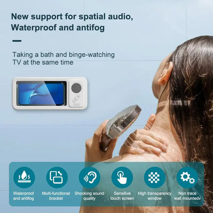 Shower Phone Holder with Bluetooth Speaker IPX4 Waterproof Anti-Fog Touch Screen Wall Mount Phone Holder for Shower Bathroom