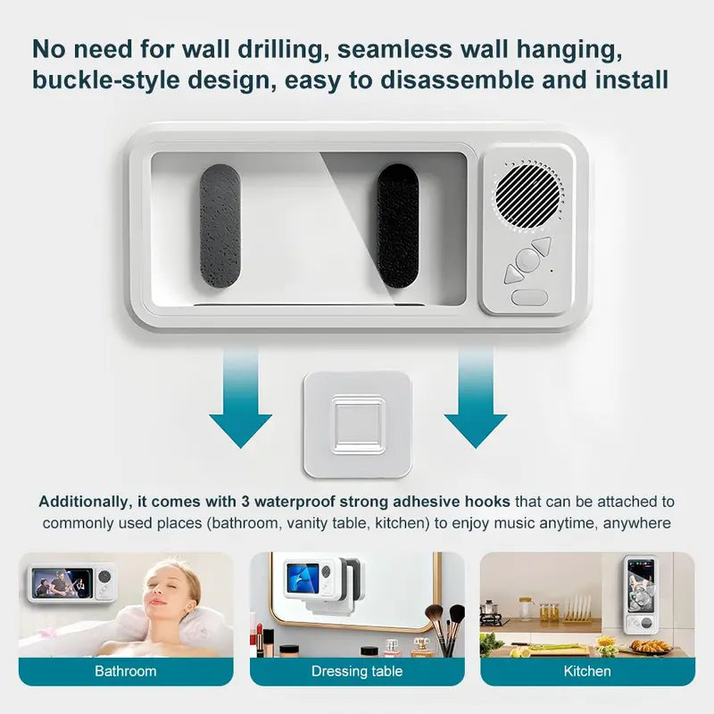 Shower Phone Holder with Bluetooth Speaker IPX4 Waterproof Anti-Fog Touch Screen Wall Mount Phone Holder for Shower Bathroom