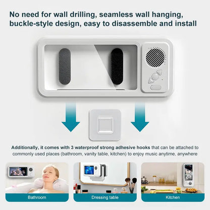 Shower Phone Holder with Bluetooth Speaker IPX4 Waterproof Anti-Fog Touch Screen Wall Mount Phone Holder for Shower Bathroom