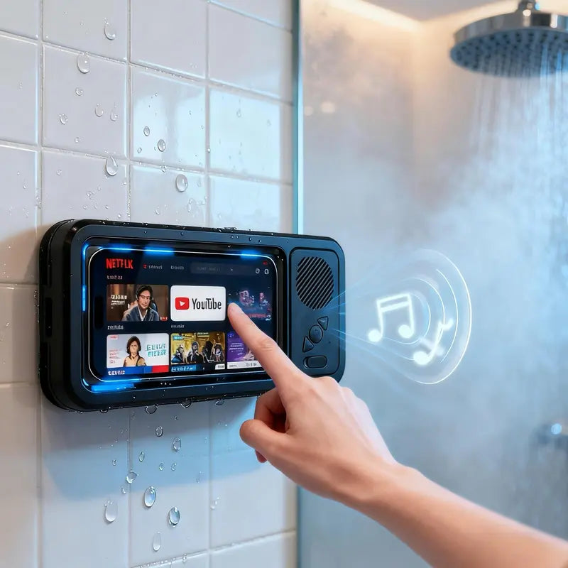 Shower Phone Holder with Bluetooth Speaker IPX4 Waterproof Anti-Fog Touch Screen Wall Mount Phone Holder for Shower Bathroom