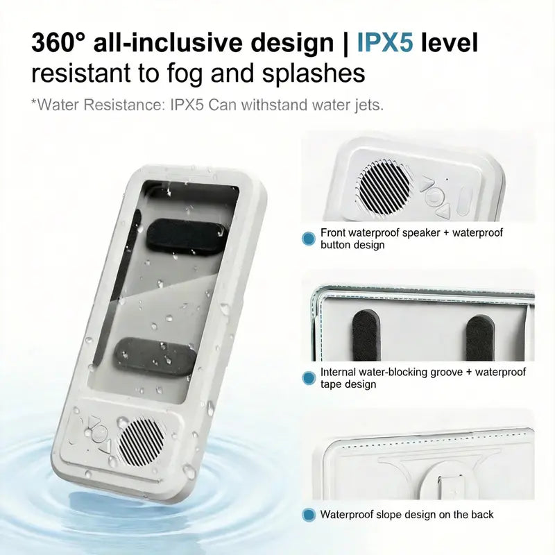 Shower Phone Holder with Bluetooth Speaker IPX4 Waterproof Anti-Fog Touch Screen Wall Mount Phone Holder for Shower Bathroom