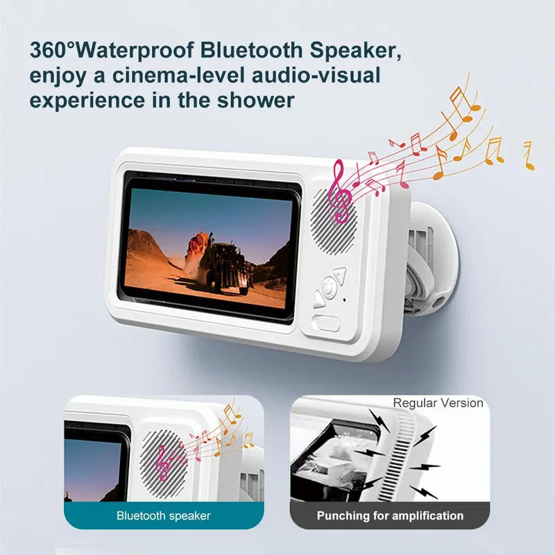 Shower Phone Holder with Bluetooth Speaker IPX4 Waterproof Anti-Fog Touch Screen Wall Mount Phone Holder for Shower Bathroom