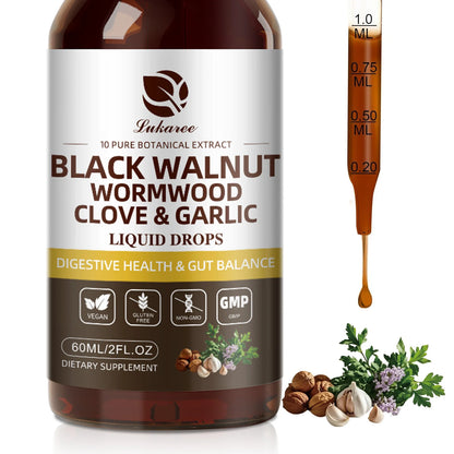 Lukaree 60ML Black Walnut Drop with Wormwood Clove & Garlic Support Digestion and Immune Health, Detoxify the Body Antioxidant