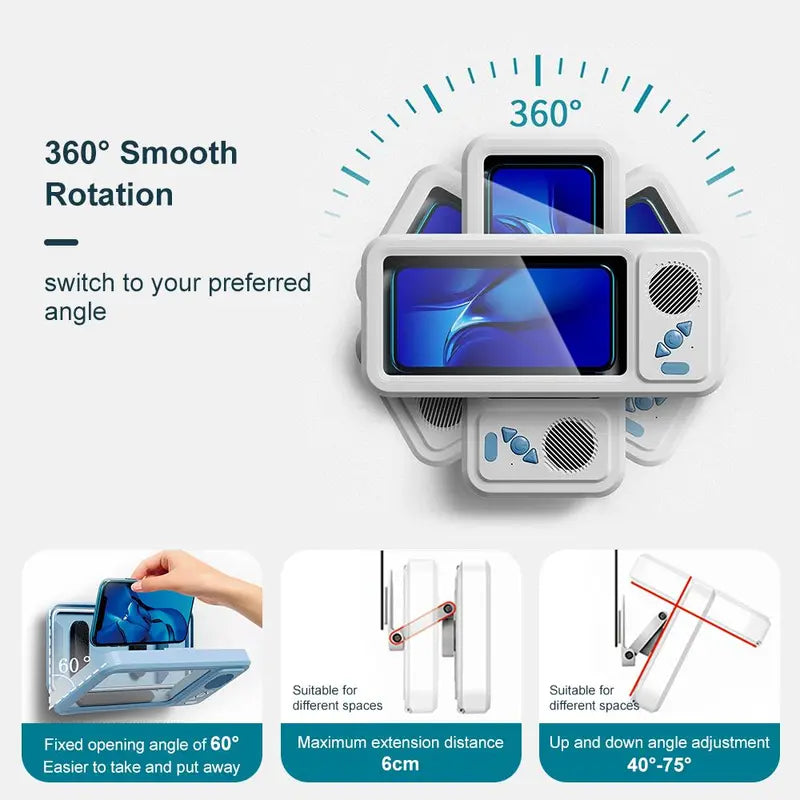 Shower Phone Holder with Bluetooth Speaker IPX4 Waterproof Anti-Fog Touch Screen Wall Mount Phone Holder for Shower Bathroom